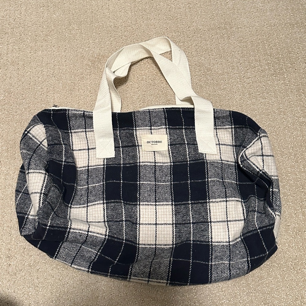 Sezane Navy and White Plaid Duffel Bag